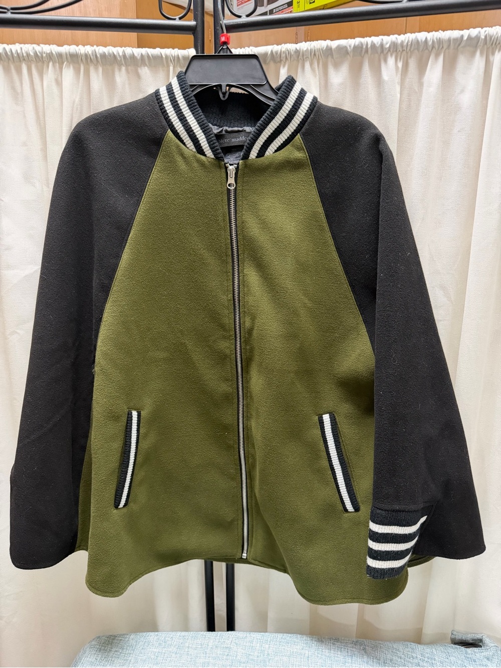 Steve Madden Olive Green Black Varsity Bomber Cape Jacket M/L